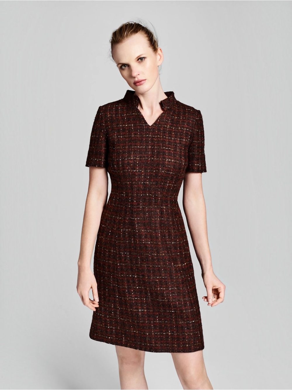 BROOKS BROTHERS • Checked Boucle Wool Tweed Dress in Brown